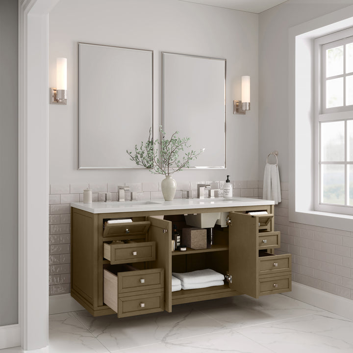 Chicago 60" Double Vanity, Walnut Whisper, w/ 3 CM White Zeus Silestone® Top