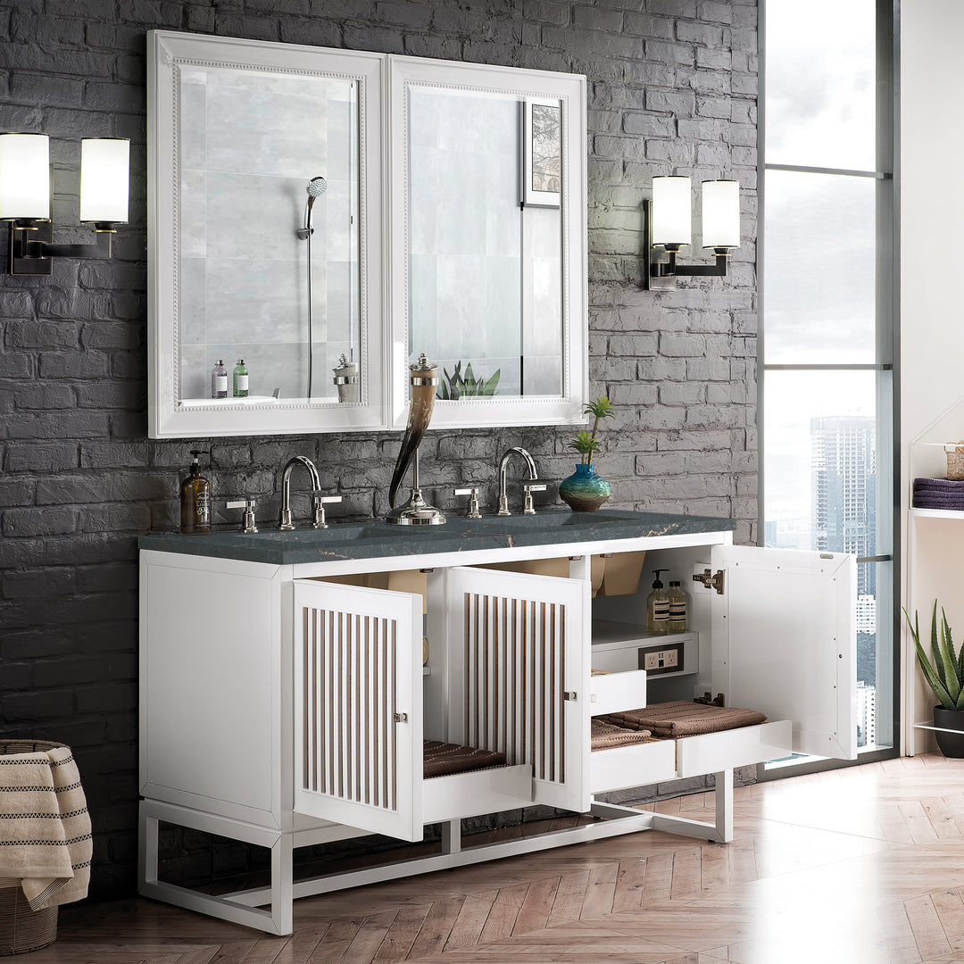 Athens 60" Double Vanity, Glossy White w/ 3 CM Parisien Bleu Silestone Top