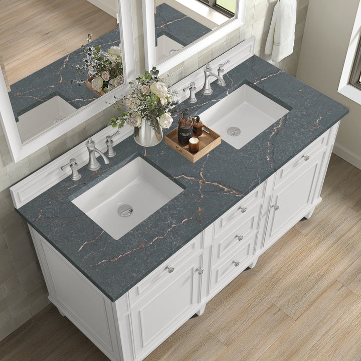 Lorelai 60" Double Vanity, Bright White w/ 3 CM Parisien Bleu Silestone Top w/FreePower Wireless Charger