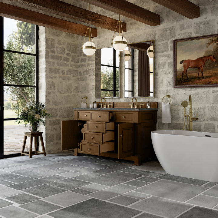 Brookfield 60" Double Vanity, Honey Oak w/ 3 CM Parisien Bleu Silestone® Top