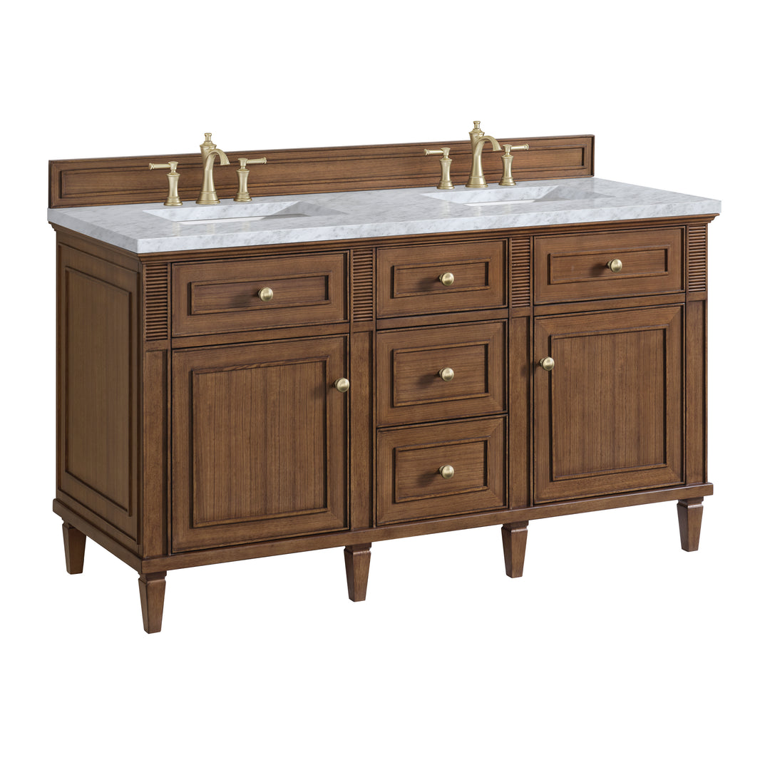 Lorelai 60" Double Vanity, Mid-Century Walnut w/ 3 CM Carrara White Marble Top