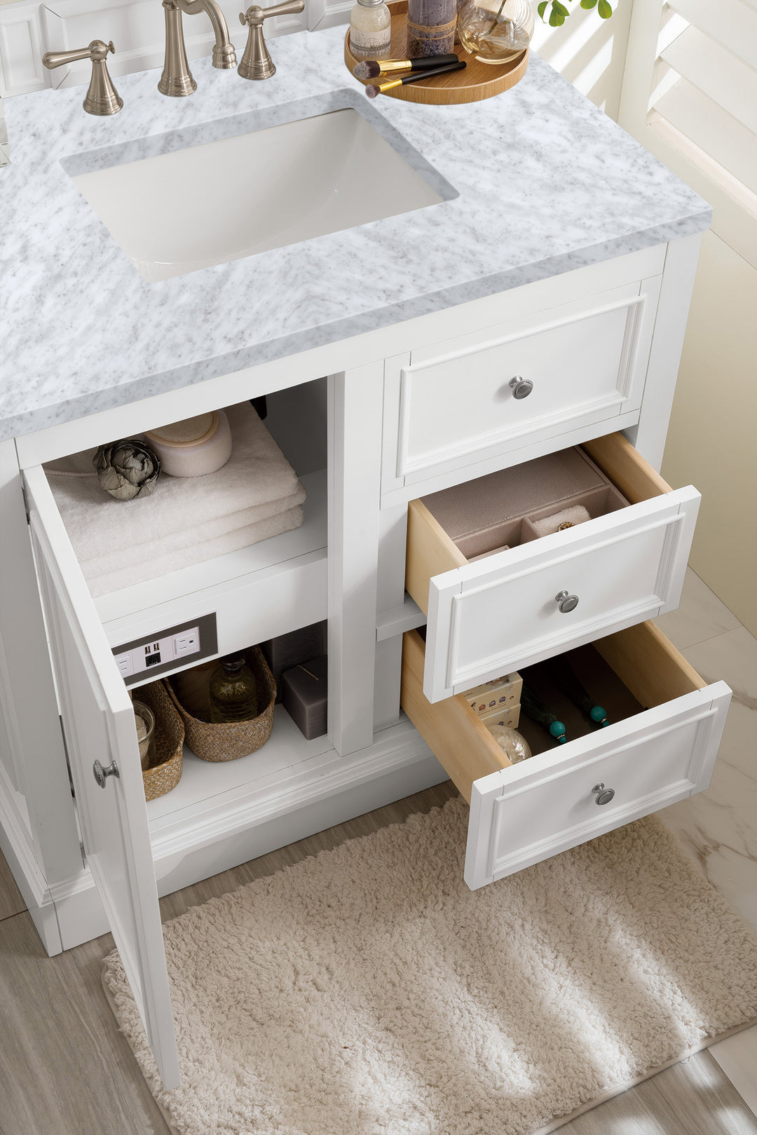 De Soto 36" Single Vanity, Bright White w/ 3 CM Carrara Marble Top