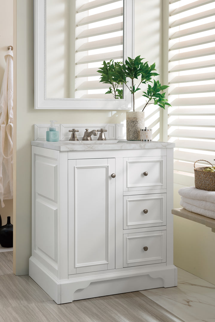 De Soto 30" Single Vanity, Bright White w/ 3 CM Victorian Silver Silestone Top