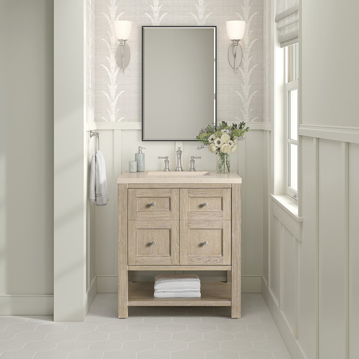 Breckenridge 30" Single Vanity, Whitewashed Oak w/ 3 CM Eternal Marfil Silestone Top