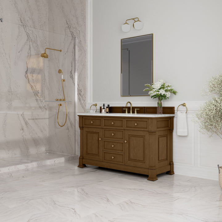 Brookfield 60" Single Vanity, Honey Oak w/ 3 CM Arctic Fall Solid Surface Top
