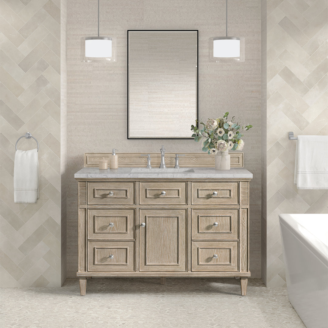 Lorelai 48" Single Vanity, Whitewashed Oak w/ 3 CM Eternal Jasmine Pearl Silestone Top w/FreePower Wireless Charger