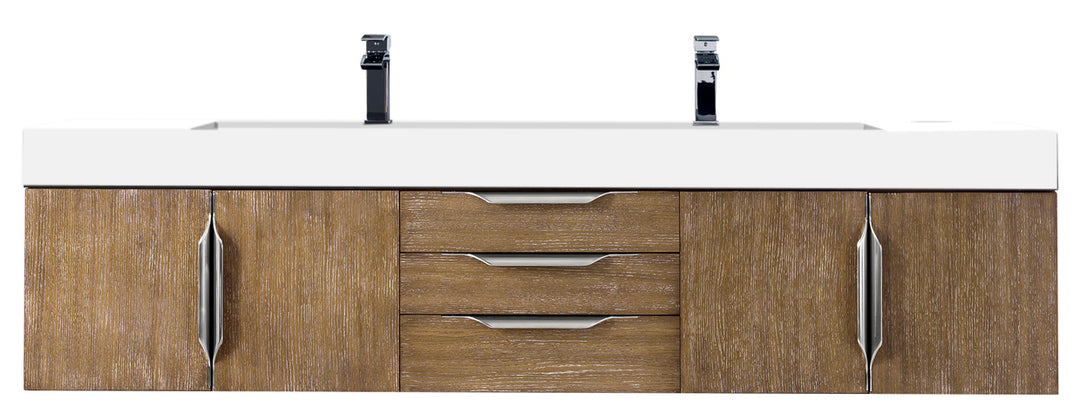 Columbia 72" Double Wall Mount Vanity, Latte Oak, Brushed Nickel w/ Glossy White Composite Stone Top