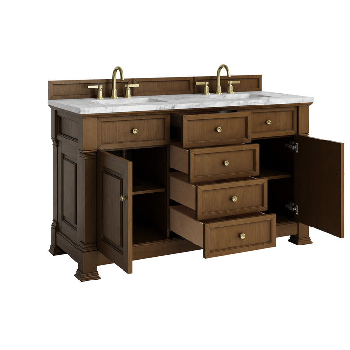 Brookfield 60" Double Vanity, Honey Oak w/3 CM Carrara White Marble Top