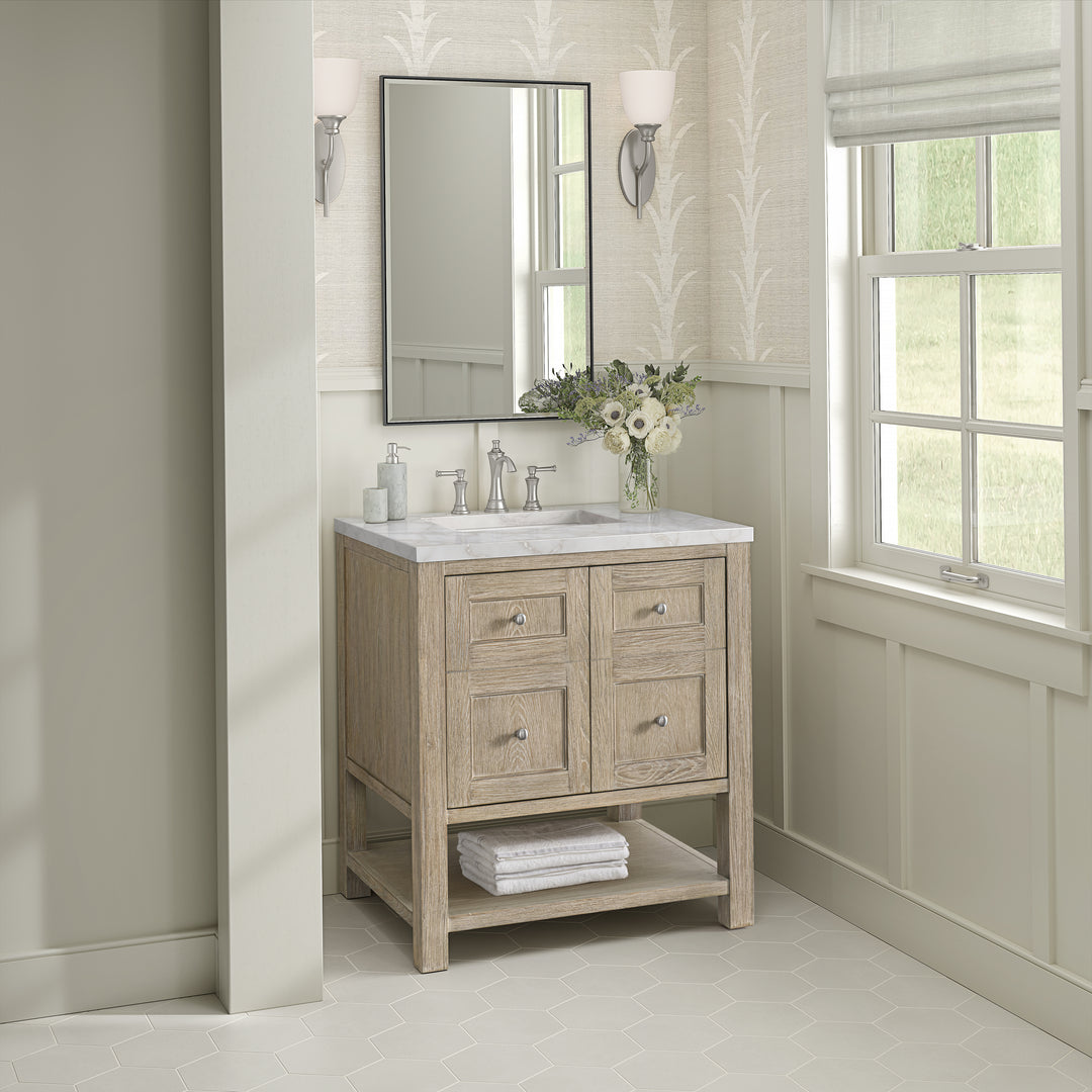 Breckenridge 30" Single Vanity, Whitewashed Oak w/ 3 CM White Zeus Silestone Top