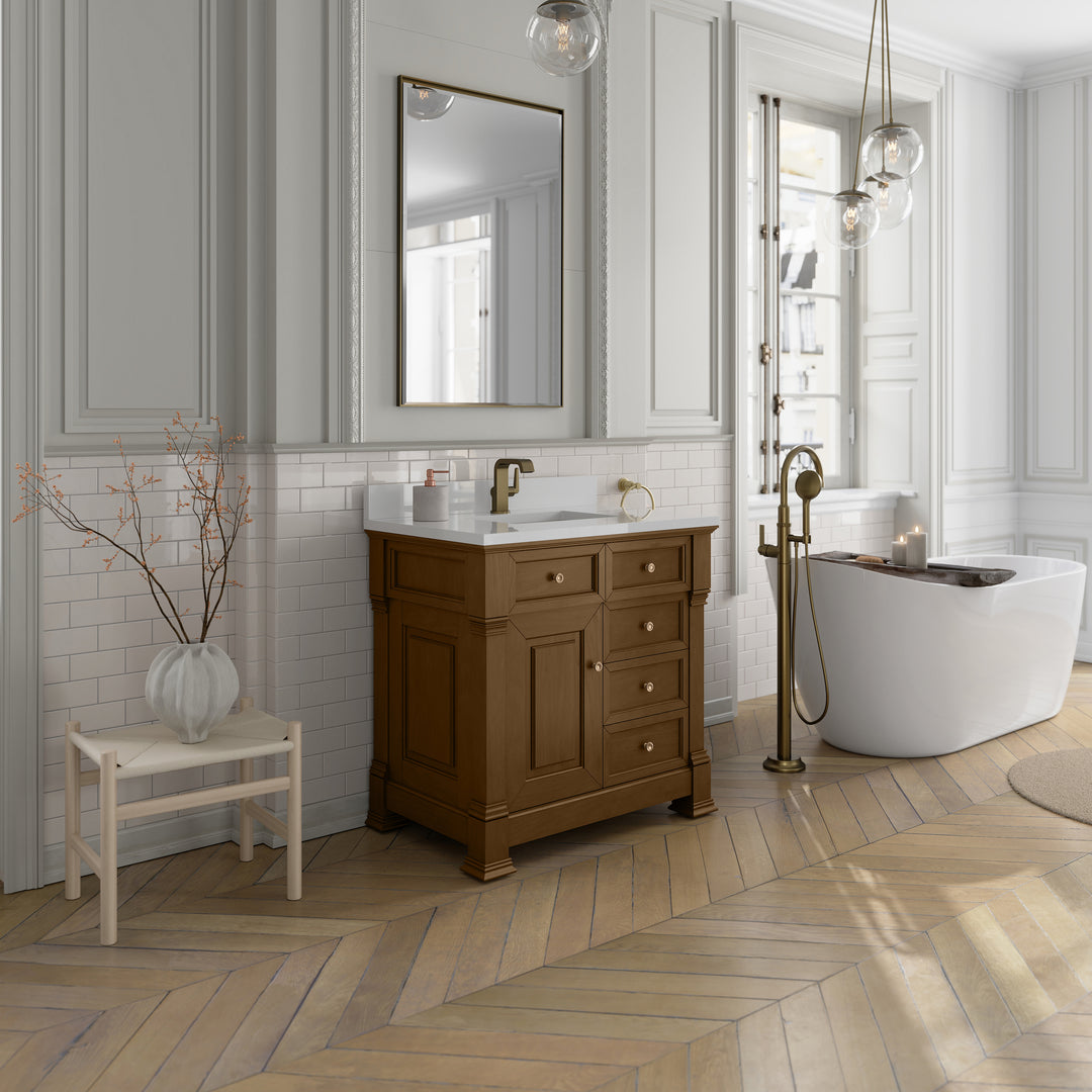 Brookfield 36" Single Vanity, Honey Oak w/ Single Hole 3 CM White Zeus Silestone® Top & Backsplash