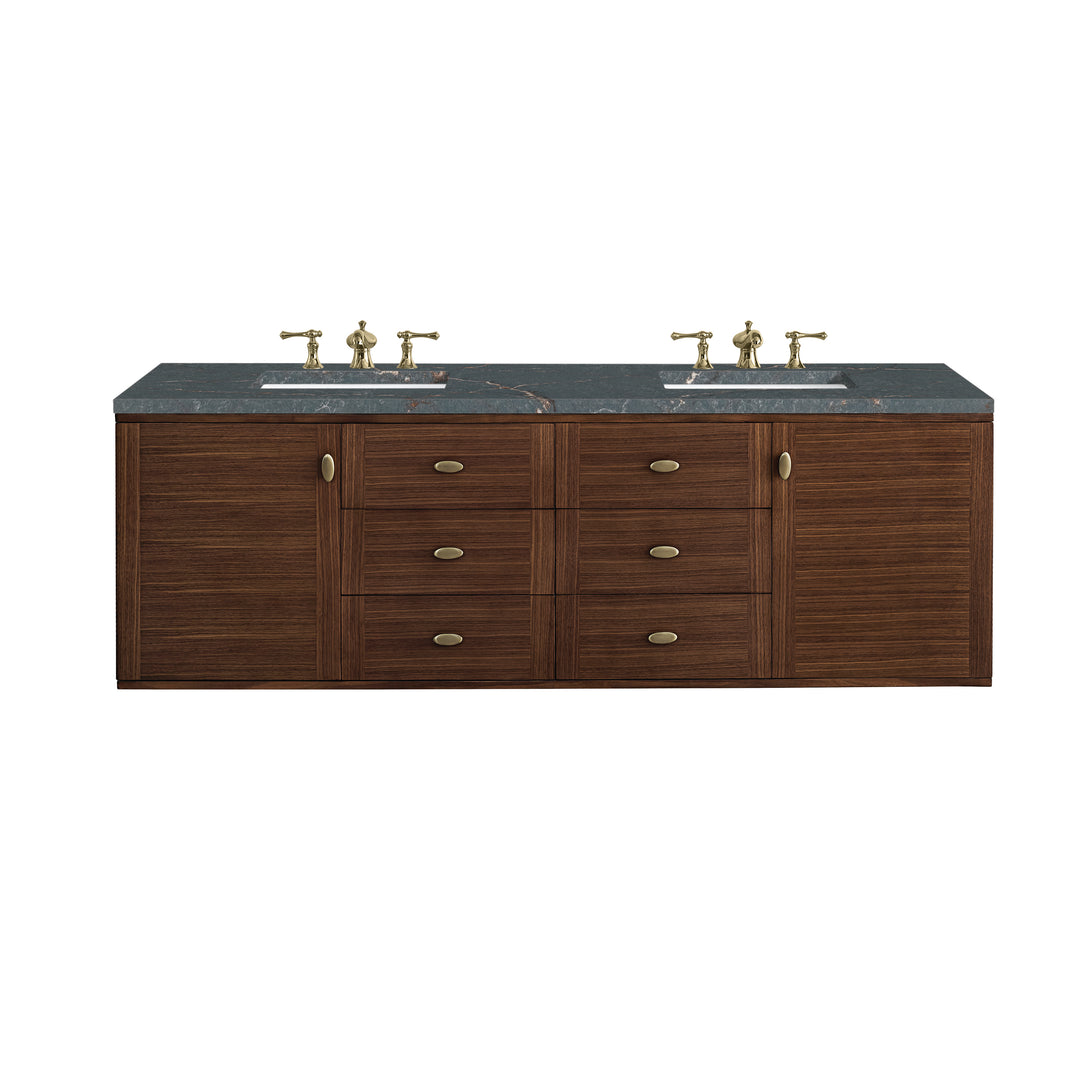 Amberly 72" Double Vanity, Mid-Century Walnut w/ 3 CM Parisien Bleu Top