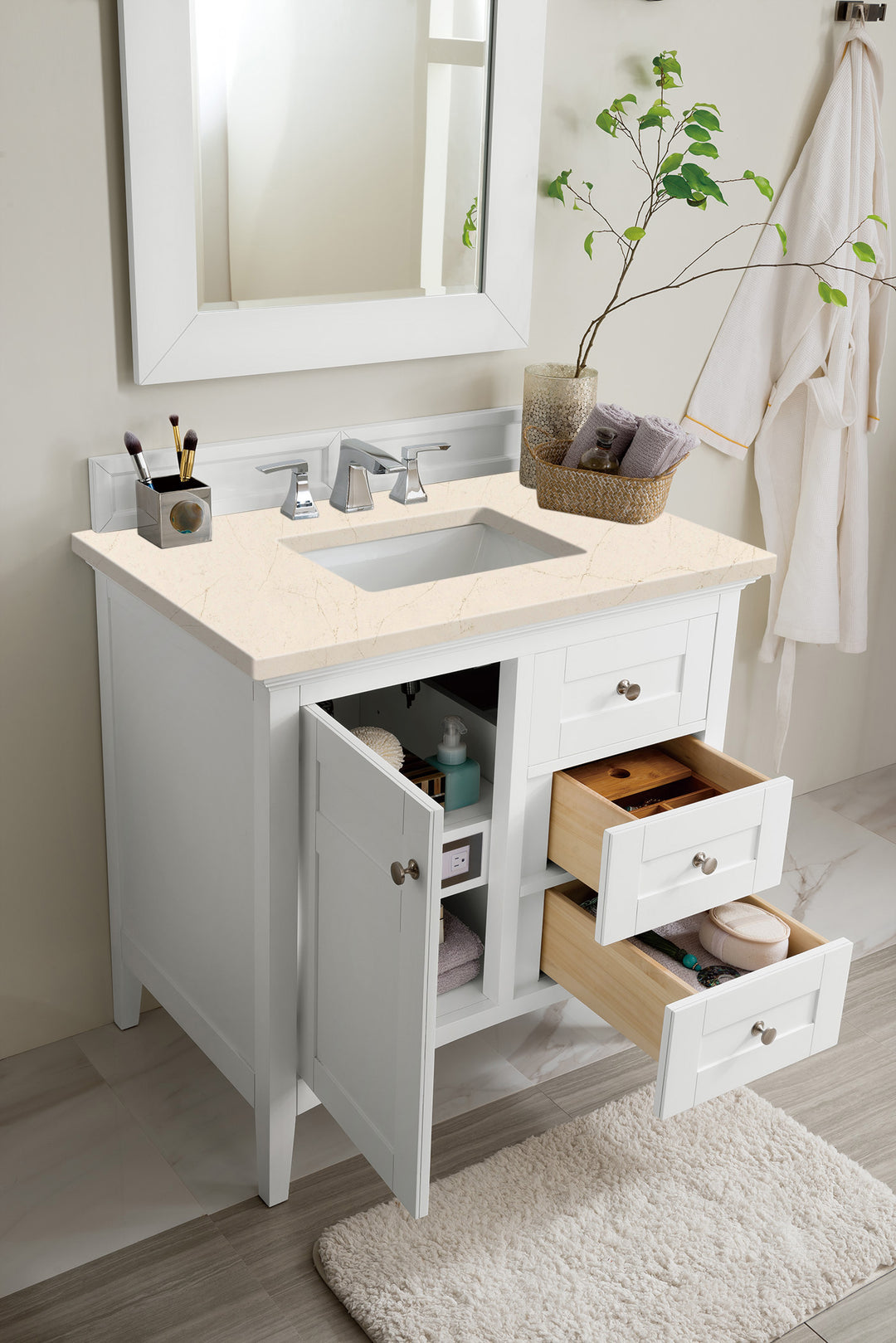 Palisades 36" Single Vanity, Bright White w/ 3 CM Eternal Marfil Silestone Top