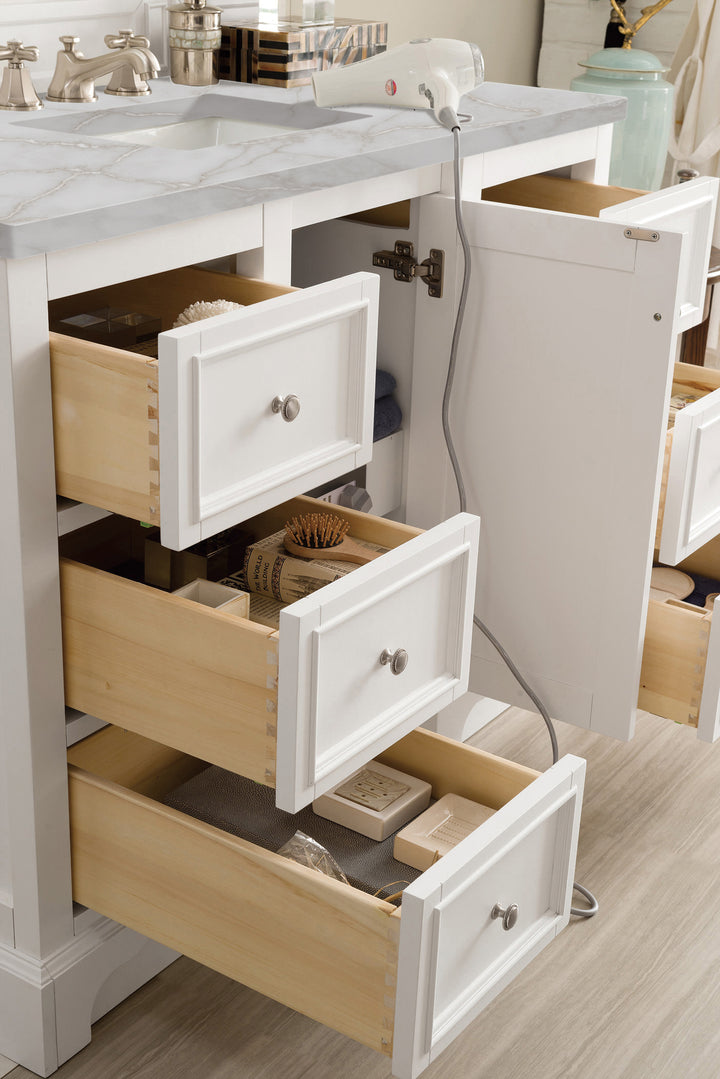 De Soto 48" Single Vanity, Bright White w/ 3 CM Victorian Silver Silestone Top