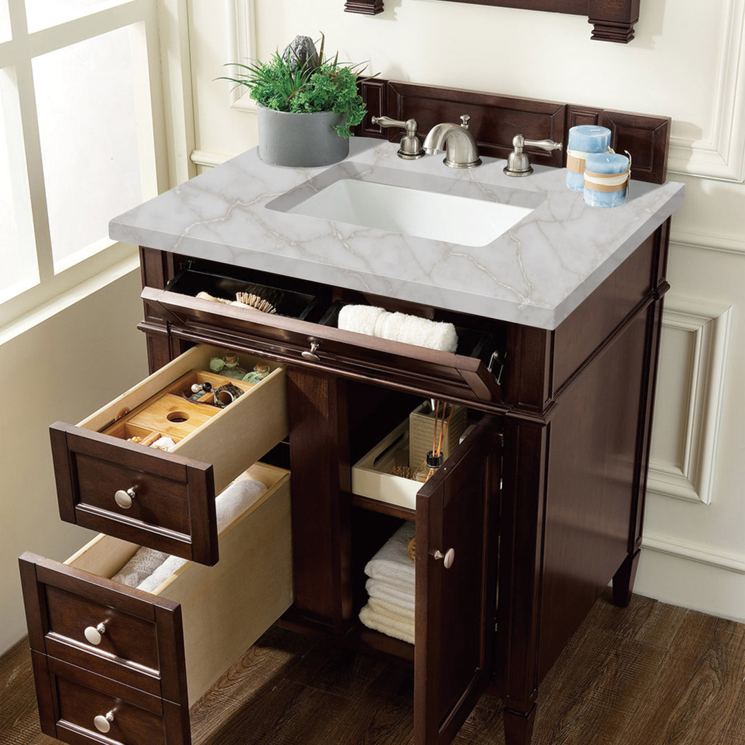 Brittany 30" Single Vanity, Burnished Mahogany, w/ 3 CM Victorian Silver Silestone Top
