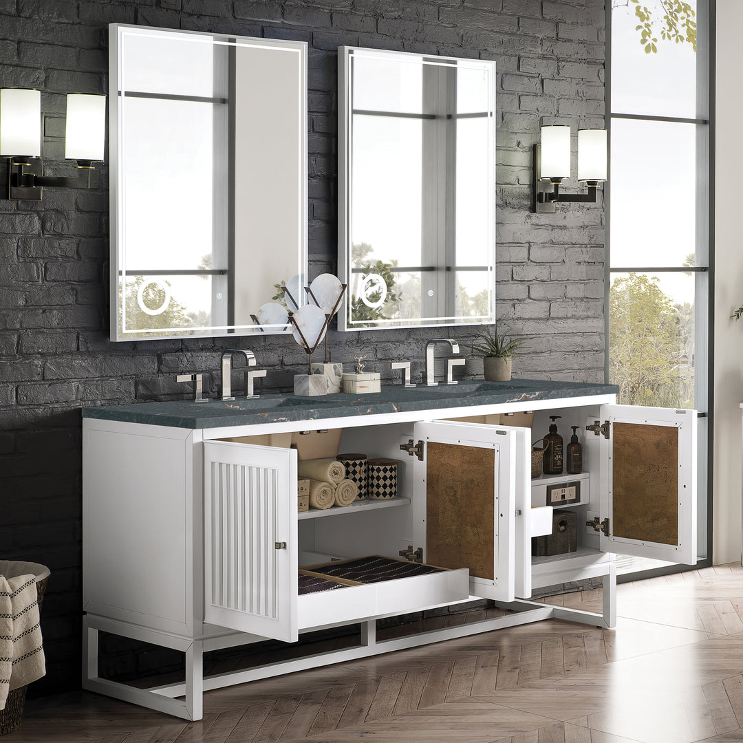 Athens 72" Double Vanity, Glossy White w/ 3 CM Parisien Bleu Silestone Top