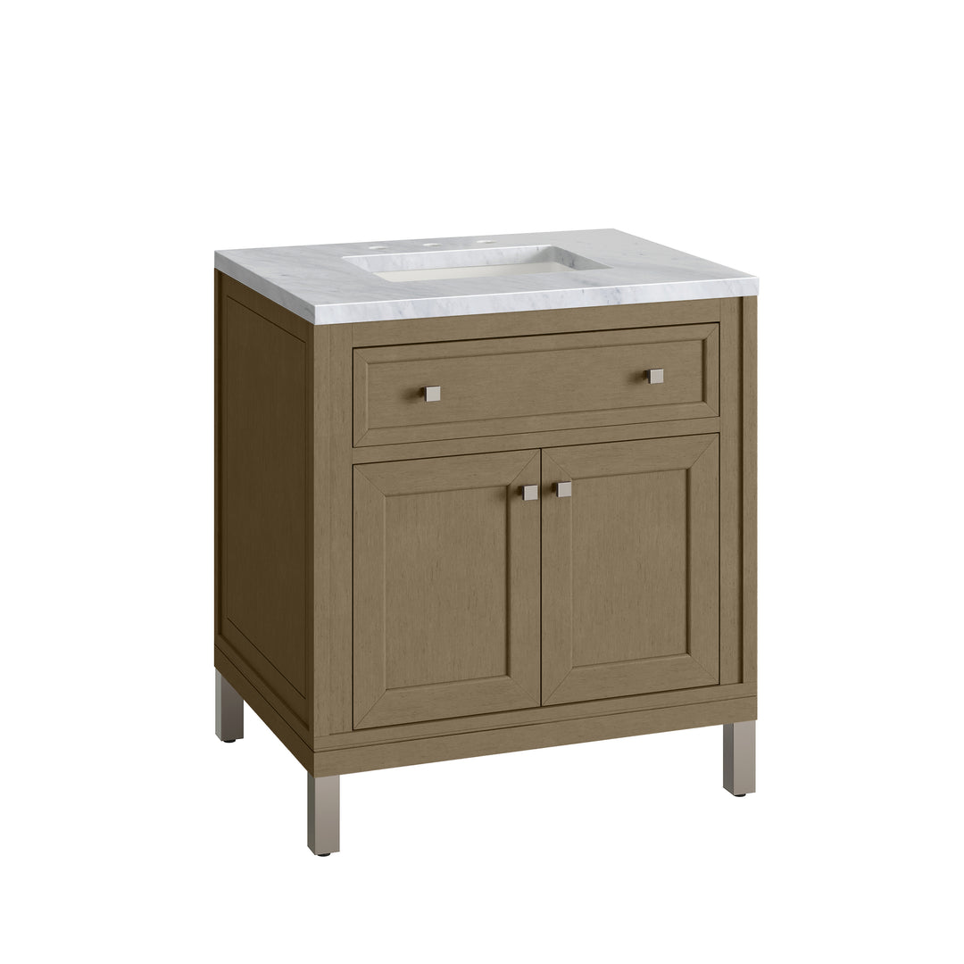 Chicago 30" Single Vanity, Walnut Whisper, w/ 3 CM Carrara Marble Top