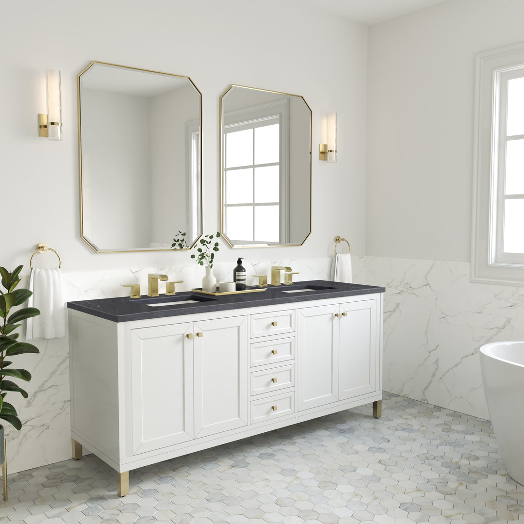 Chicago 72" Double Vanity, Glossy White, w/ 3 CM Charcoal Soapstone Silestone® Top