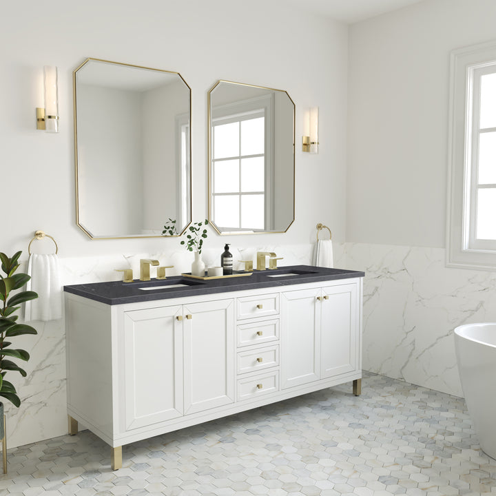 Chicago 72" Double Vanity, Glossy White, w/ 3 CM Charcoal Soapstone Silestone® Top