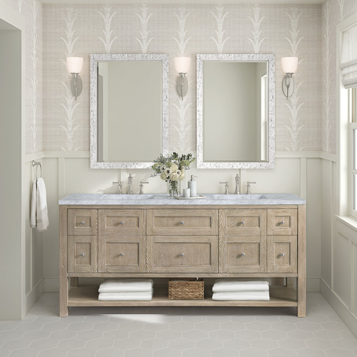 Breckenridge 72" Double Vanity, Whitewashed Oak w/ 3 CM Carrara White Marble Top