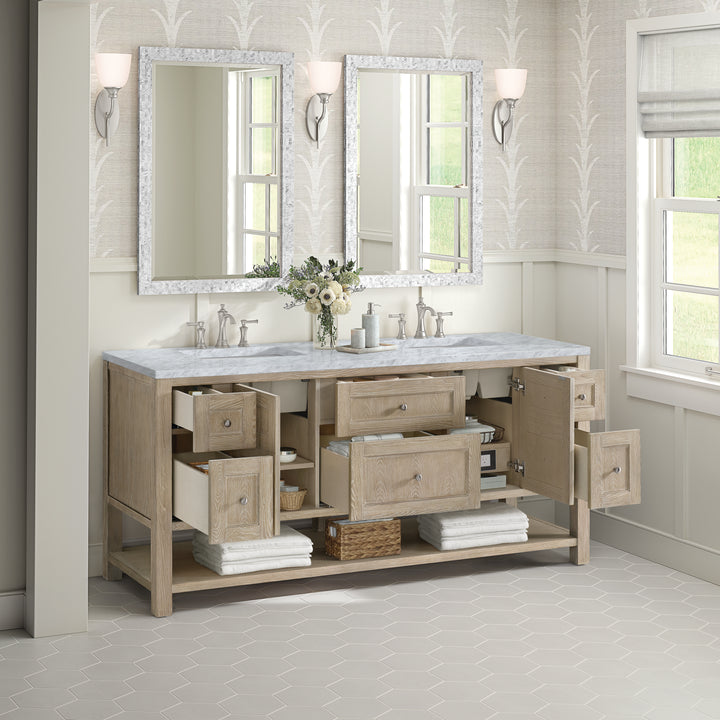 Breckenridge 72" Double Vanity, Whitewashed Oak w/ 3 CM Carrara White Marble Top