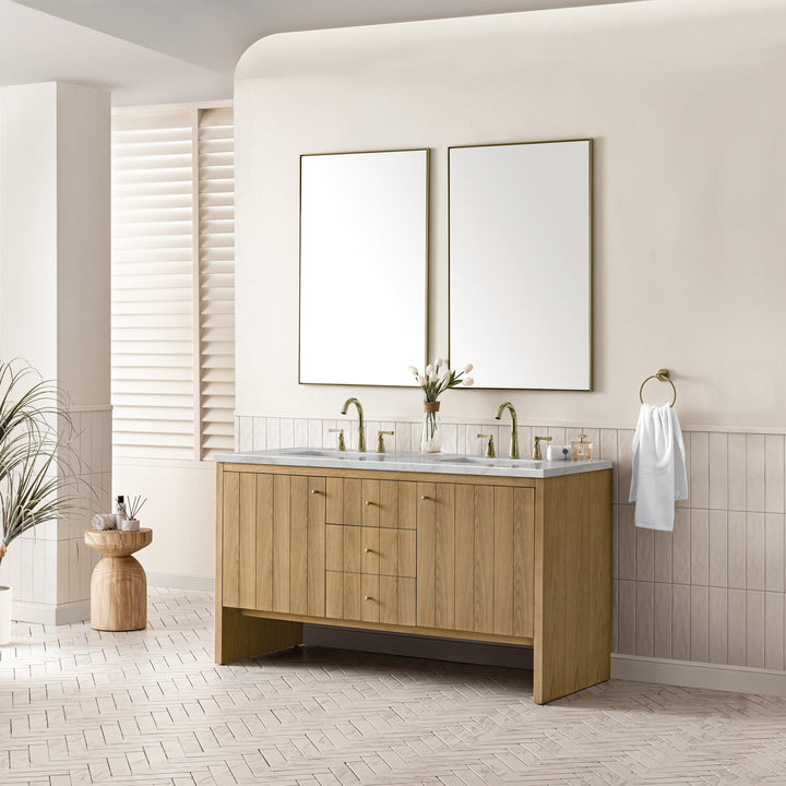 Hudson 60" Double Vanity, Light Natural Oak w/ 3 CM Victorian Silver Top w/FreePower Wireless Charger