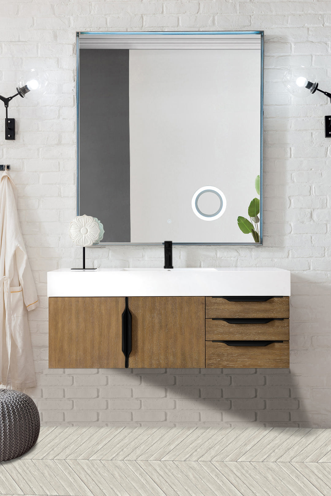 Columbia 48" Single Wall Mount Vanity, Latte Oak, Matte Black w/ Glossy White Composite Stone Top