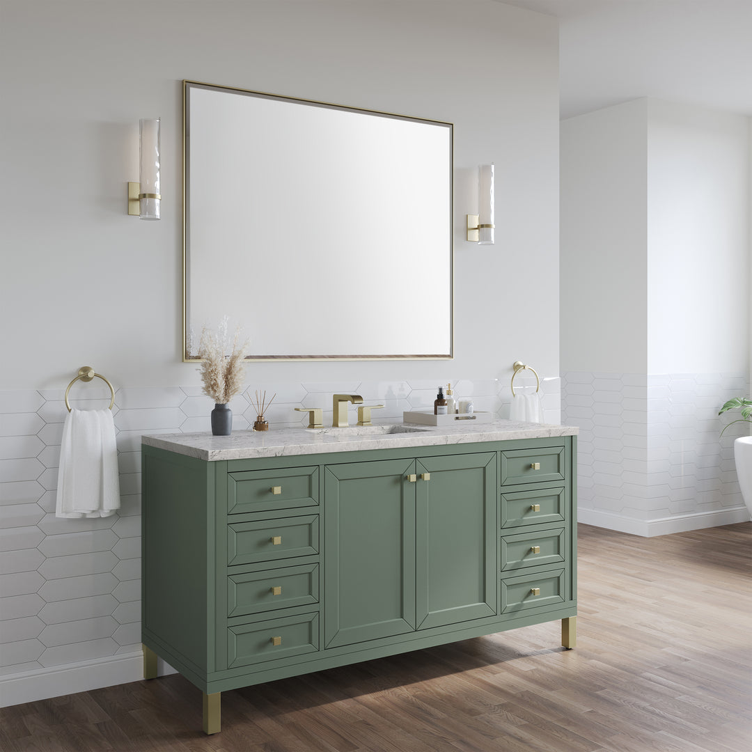 Chicago 60" Single Vanity, Smokey Celadon, w/ 3 CM Eternal Jasmine Pearl Silestone Top w/ FreePower Wireless Charger