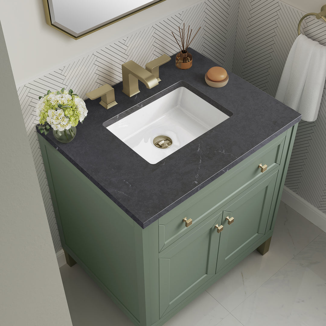 Chicago 30" Single Vanity, Smokey Celadon, w/ 3 CM Charcoal Soapstone Silestone® Top