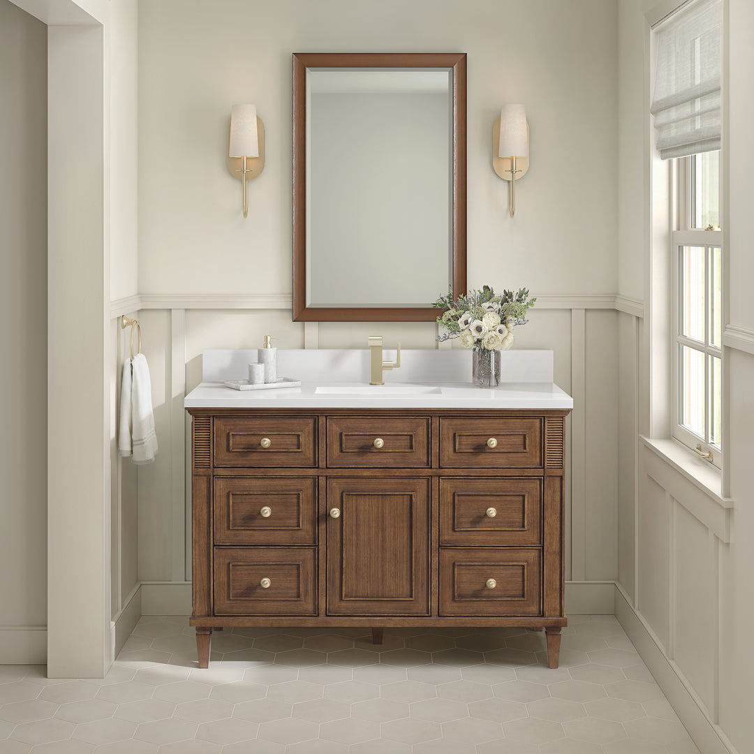 Lorelai 48" Single Vanity, Mid-Century Walnut w/ Single Hole 3 CM White Zeus Silestone Top & Backsplash