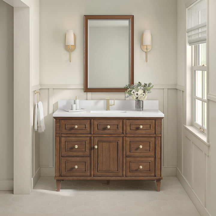 Lorelai 48" Single Vanity, Mid-Century Walnut w/ Single Hole 3 CM White Zeus Silestone Top & Backsplash