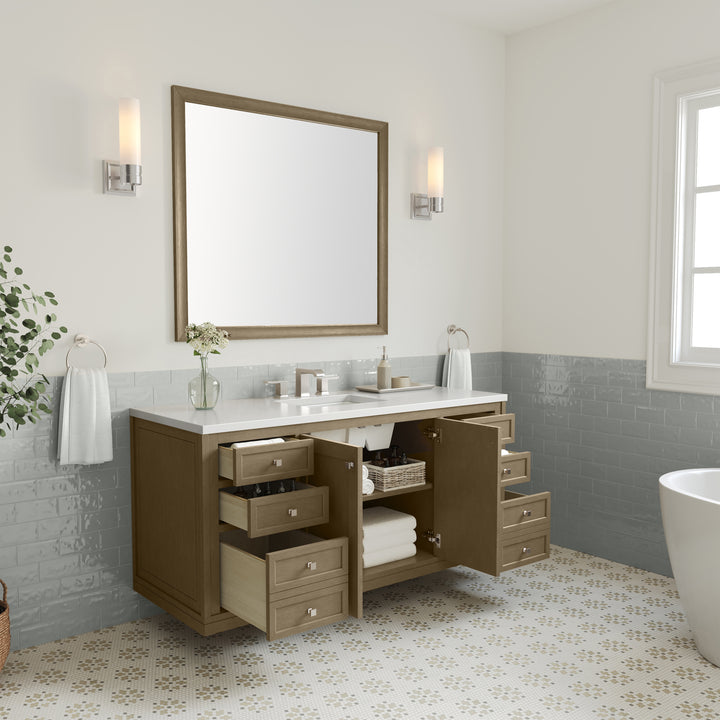 Chicago 60" Single Vanity, Walnut Whisper, w/ 3 CM White Zeus Silestone® Top