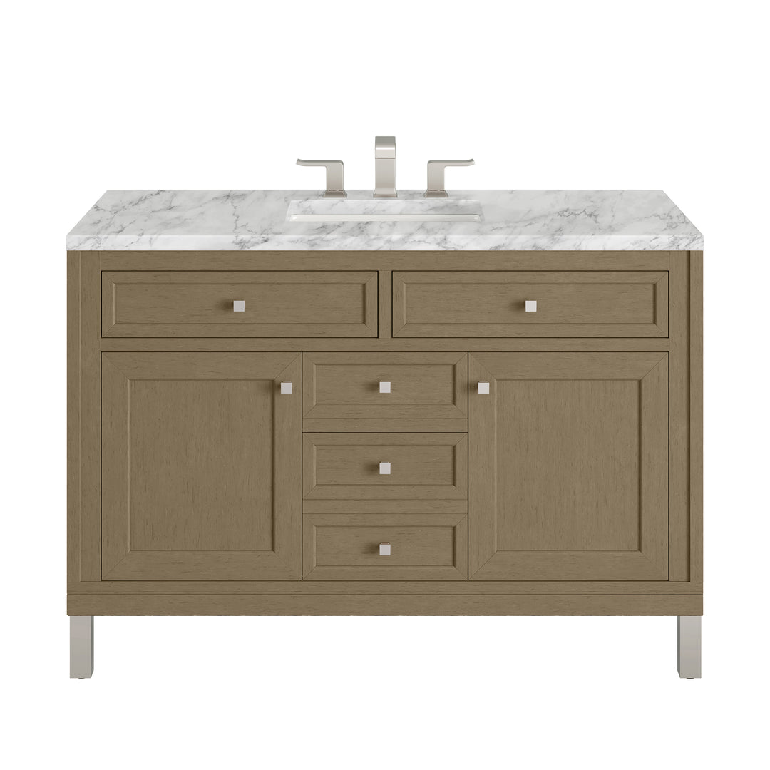 Chicago 48" Single Vanity, Walnut Whisper, w/ 3 CM Carrara Marble Top