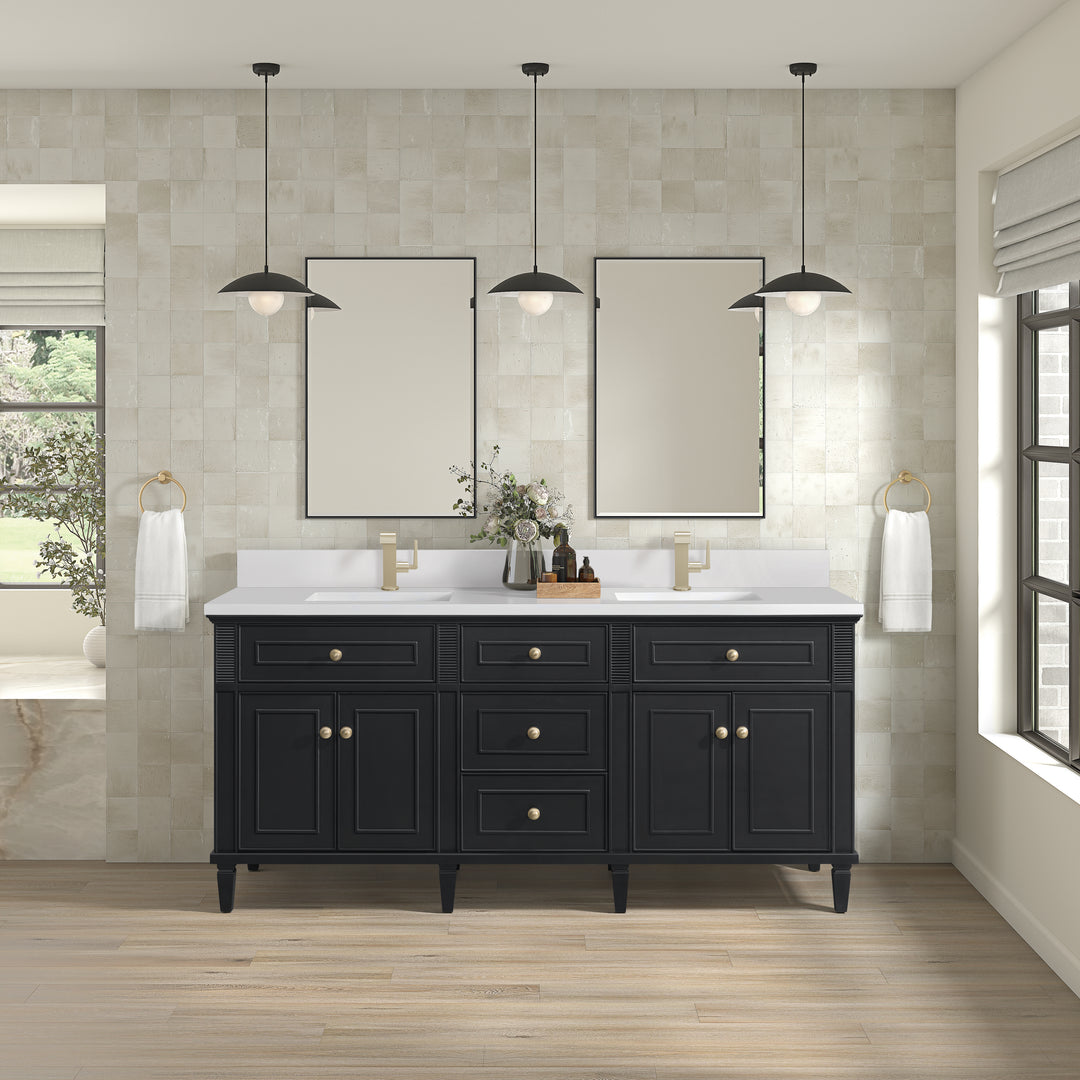 Lorelai 72" Double Vanity, Black Onyx w/ Single Hole 3 CM White Zeus Silestone Top & Backsplash