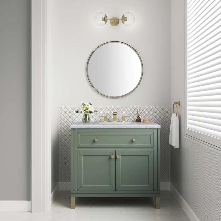 Chicago 36" Single Vanity, Smokey Celadon, w/ 3 CM Carrara Marble Top