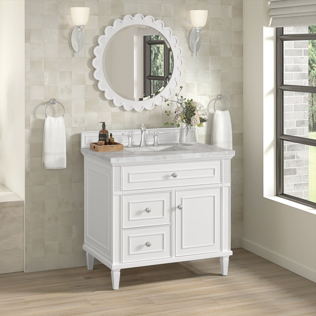 Lorelai 36" Single Vanity, Bright White w/ 3 CM Victorian Silver Silestone Top