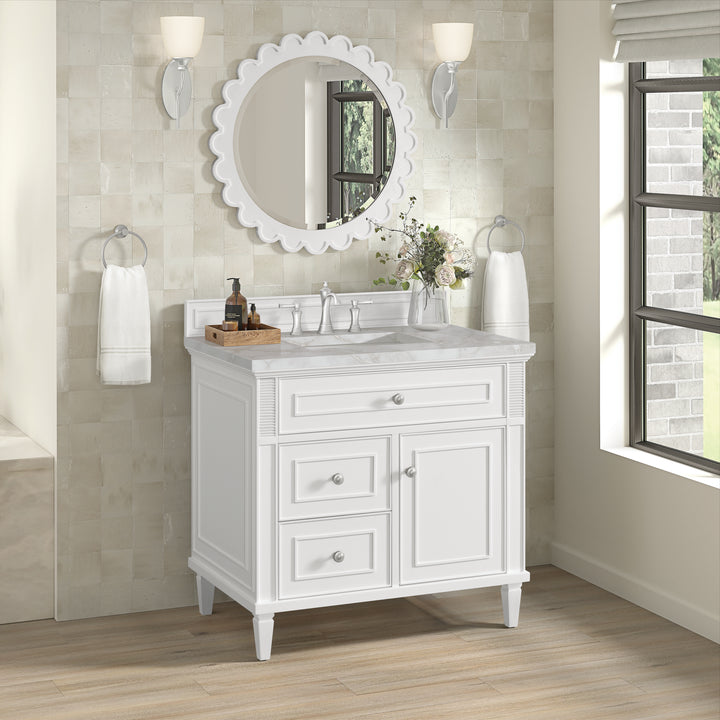 Lorelai 36" Single Vanity, Bright White w/ 3 CM Victorian Silver Silestone Top