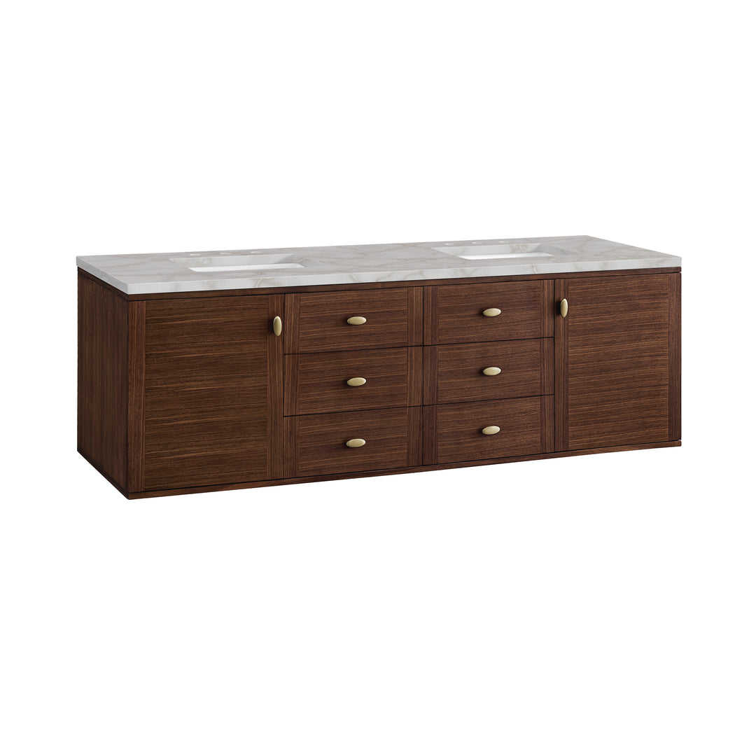 Amberly 72" Double Vanity, Mid-Century Walnut w/ 3 CM Victorian Silver Top w/FreePower Wireless Charger