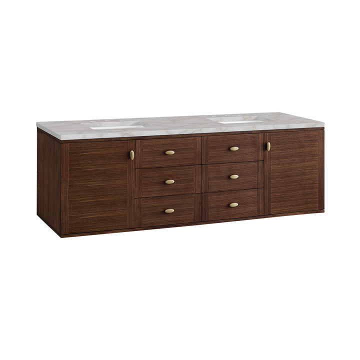 Amberly 72" Double Vanity, Mid-Century Walnut w/ 3 CM Victorian Silver Top w/FreePower Wireless Charger