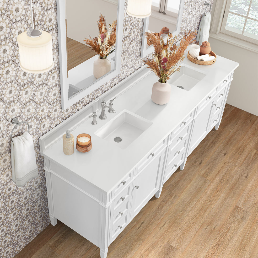 Brittany 84" Double Vanity, Bright White w/ 3 CM White Zeus Silestone Top
