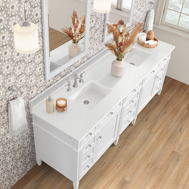 Brittany 84" Double Vanity, Bright White w/ 3 CM White Zeus Silestone Top