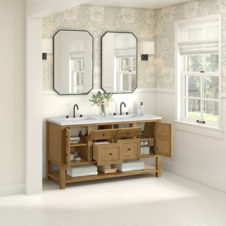 Breckenridge 60" Double Vanity, Light Natural Oak, w/ 3 CM Ethereal Noctis Quartz Top