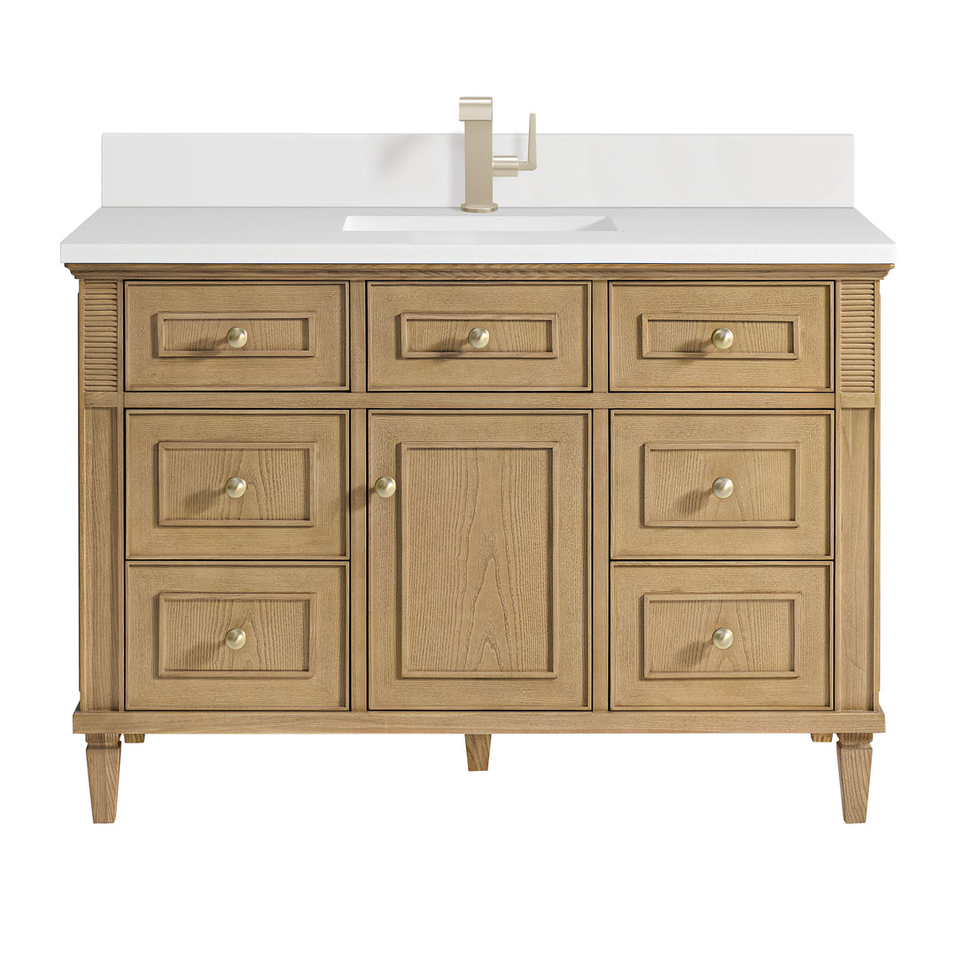 Lorelai 48" Single Vanity, Light Natural Oak w/ Single Hole 3 CM White Zeus Silestone Top & Backsplash
