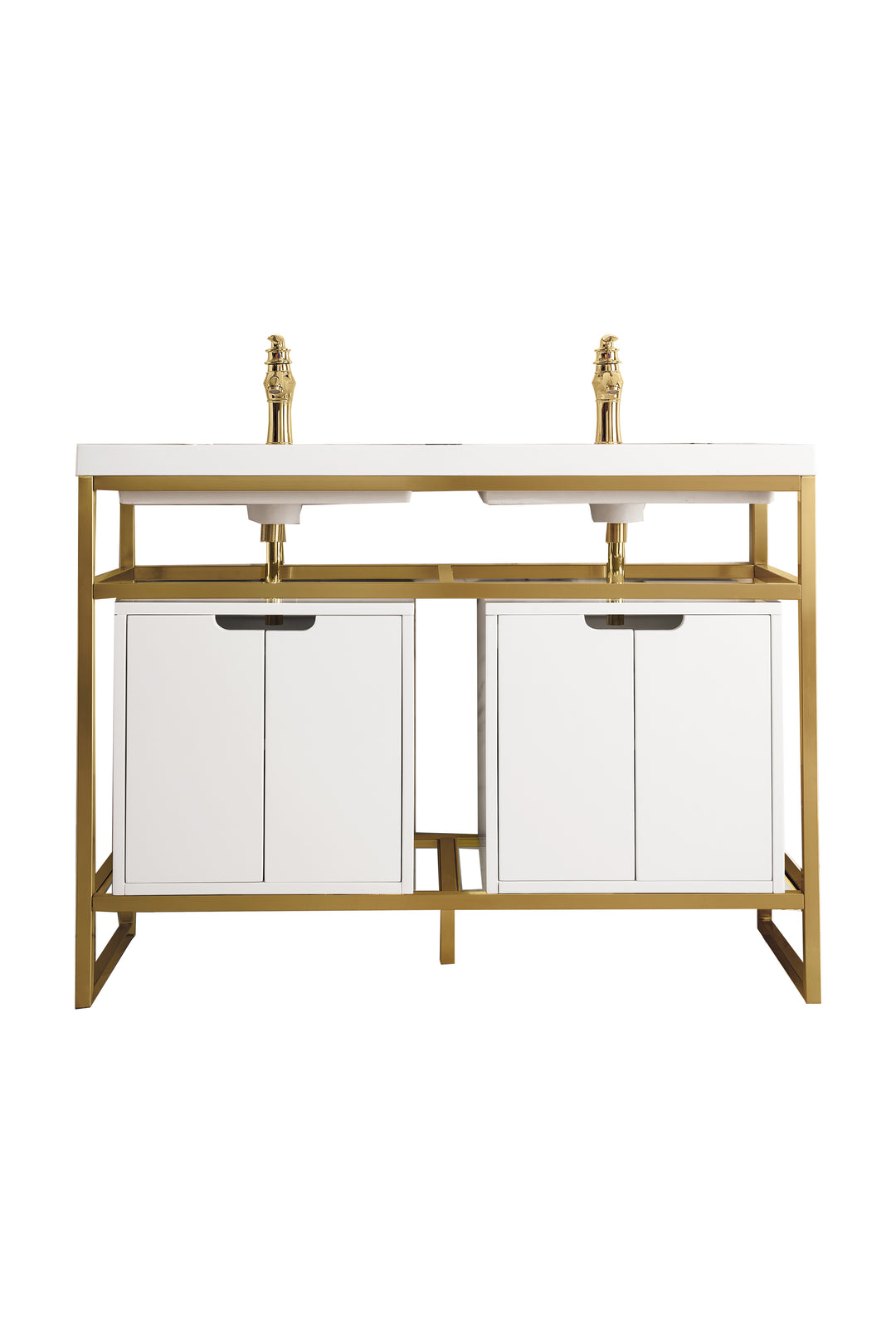 Boston 47" Double Console Vanity, Radiant Gold w/ Glossy White Storage, White Glossy Composite Stone