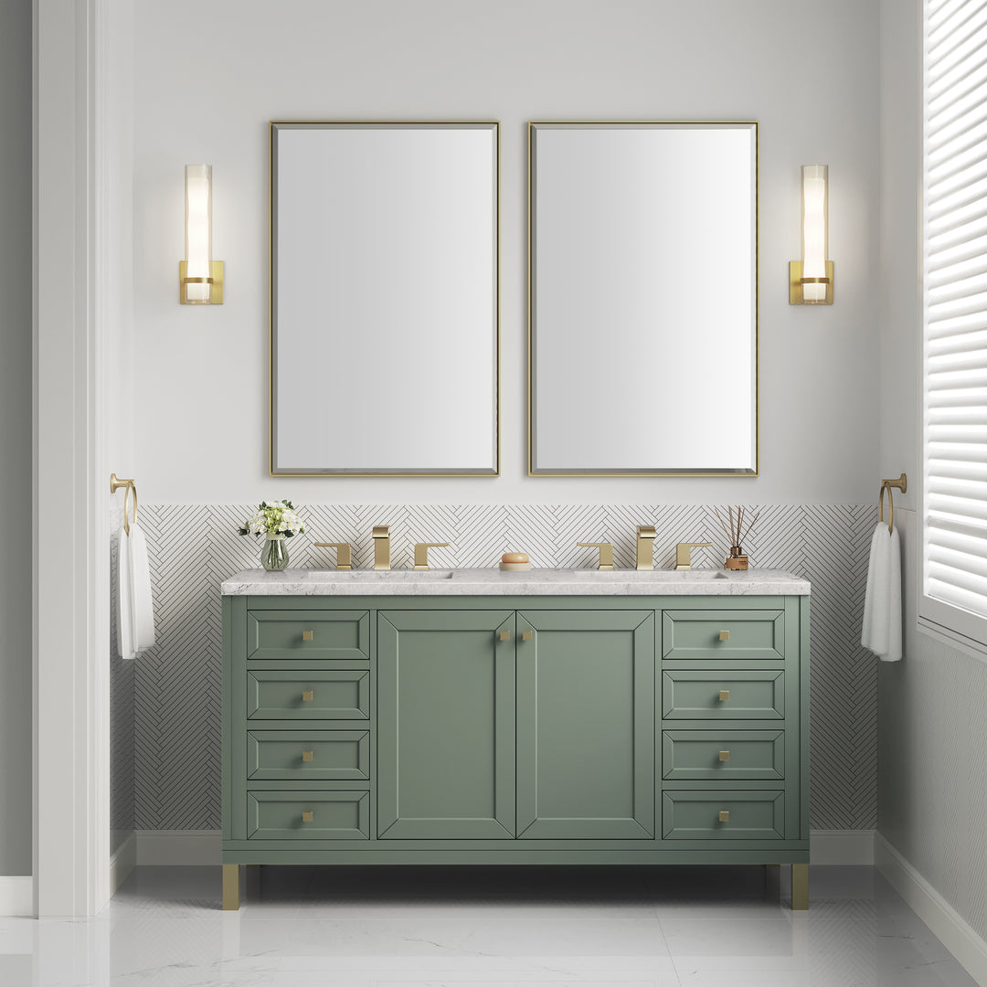 Chicago 60" Double Vanity, Smokey Celadon, w/ 3 CM Eternal Jasmine Pearl Silestone® Top w/FreePower Wireless Charger