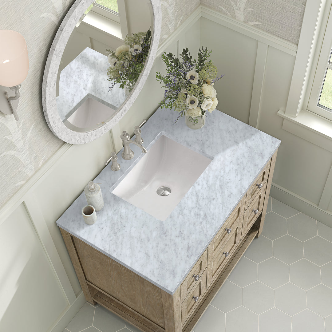 Breckenridge 36" Single Vanity, Whitewashed Oak w/ 3 CM Carrara White Marble Top