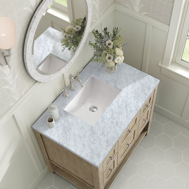 Breckenridge 36" Single Vanity, Whitewashed Oak w/ 3 CM Carrara White Marble Top