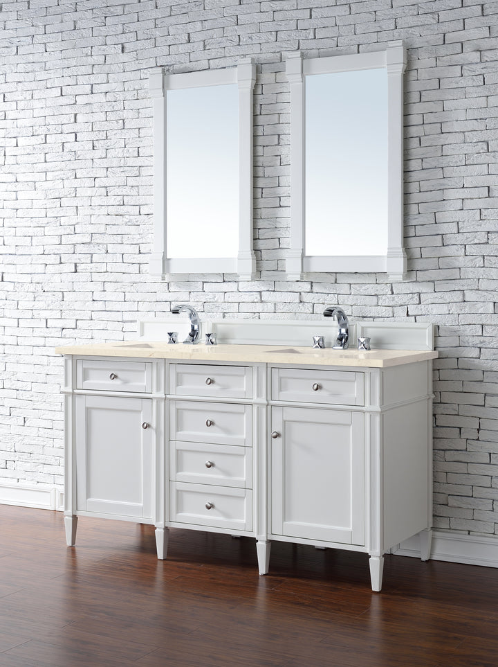 Brittany 60" Double Vanity, Bright White Vanity w/ 3 CM Eternal Marfil Silestone Top