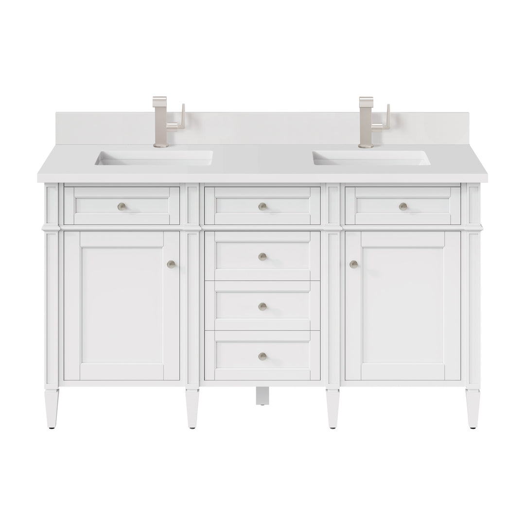 Brittany 60" Double Vanity, Bright White Vanity w/ Single Hole 3 CM White Zeus Silestone Top & Backsplash