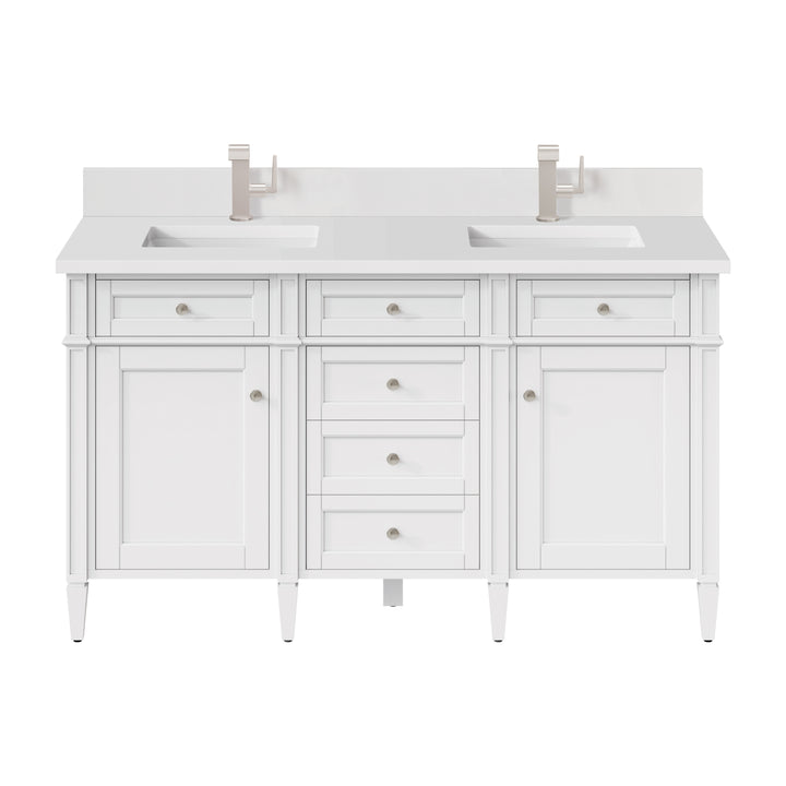 Brittany 60" Double Vanity, Bright White Vanity w/ Single Hole 3 CM White Zeus Silestone Top & Backsplash