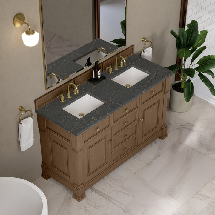 Brookfield 60" Double Vanity, Pecan w/ 3 CM Parisien Bleu Silestone® Top